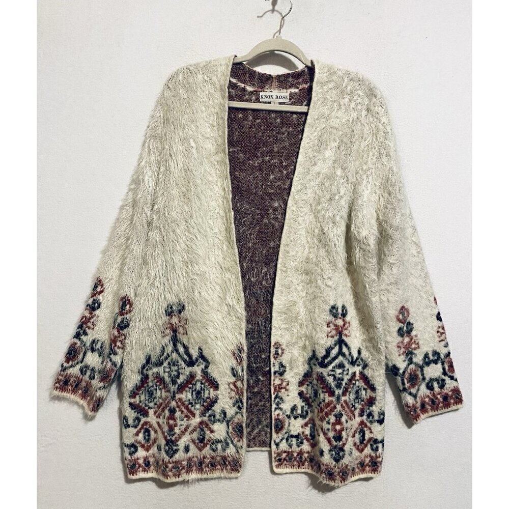 Knox Rose Cardigan Sweater Womens Large Eyelash Open Front Aztec Western Fuzzy